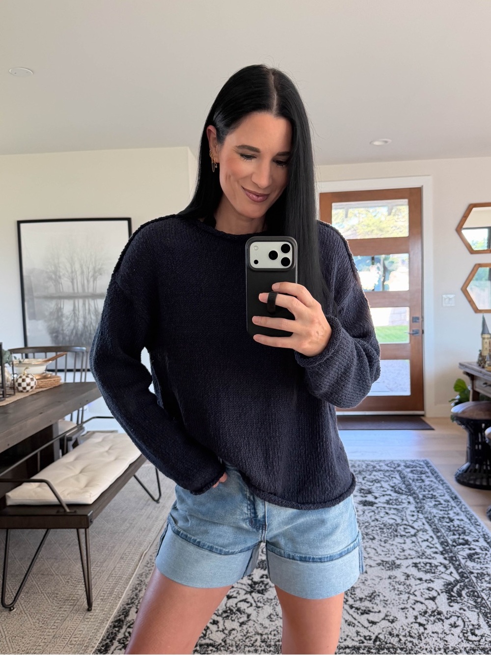 Navy Oversized Rolled Neck Chunky Knit Sweater